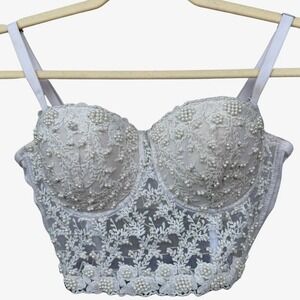 Y2K Lace Corset Bustier Crop Top Pearl Beaded Coquette Lingeriecore Womens Large